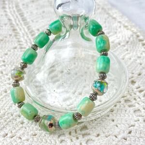 Marbled Glass Beaded Silver Stretch Bracelet
